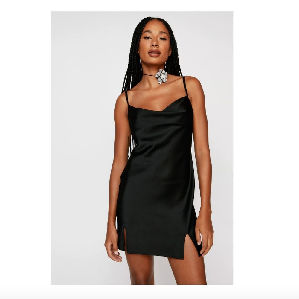 Nasty Gal Black Satin Cowl Neck